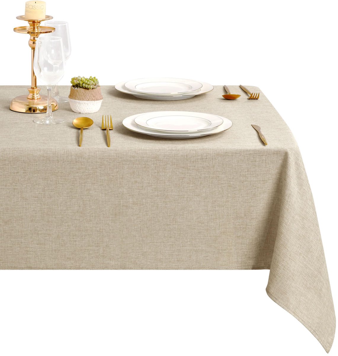 Famanu – Beige tafelkleed, linnenlook, wasbaar en waterdicht, voor eetkamer, buiten, tuin, feest, bruiloft of thuis, 135 x 300 cm, rechthoekig, vuilafstotend, gecoat, verjaardag