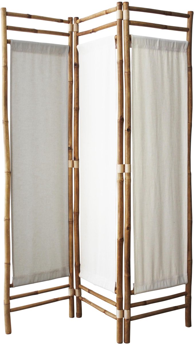 Famanu Kamerscherm voor binnen, ruimteverdeler van doek en natuurlijk bamboe, 3-paneels kamerscherm, 160 x 120 cm, geschikt voor slaapkamer en woonkamer, verplaatsbare scheidingswand Naturel