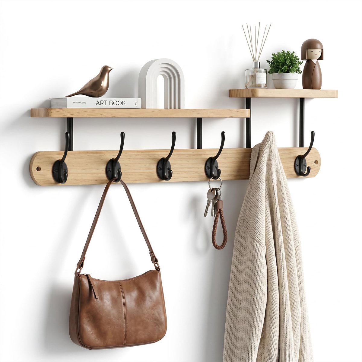 Famanu Wandkapstok met plank, houten kapstok met 6 haken voor hal, garderobe of slaapkamer (59 cm Naturel