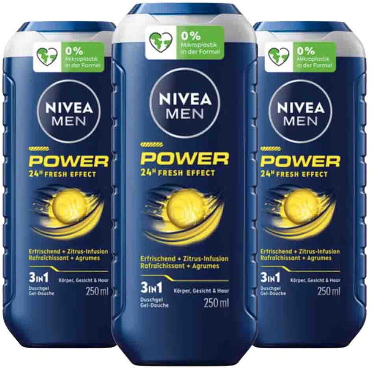 NIVEA Men Shampoo & Douchegel 3in1 Power - 3 x 250 ml - Voordeelverpakking