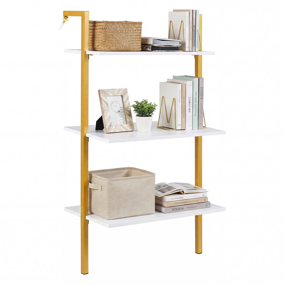 COSTWAY Wandrek met 3 niveaus, hangend rek met metalen frame, wandgemonteerde boekenkast, zwevend ladderrek, houten opbergrek, zwevend rek voor woonkamer, badkamer, keuken en kantoor, 53,5 x 29,5 x 96