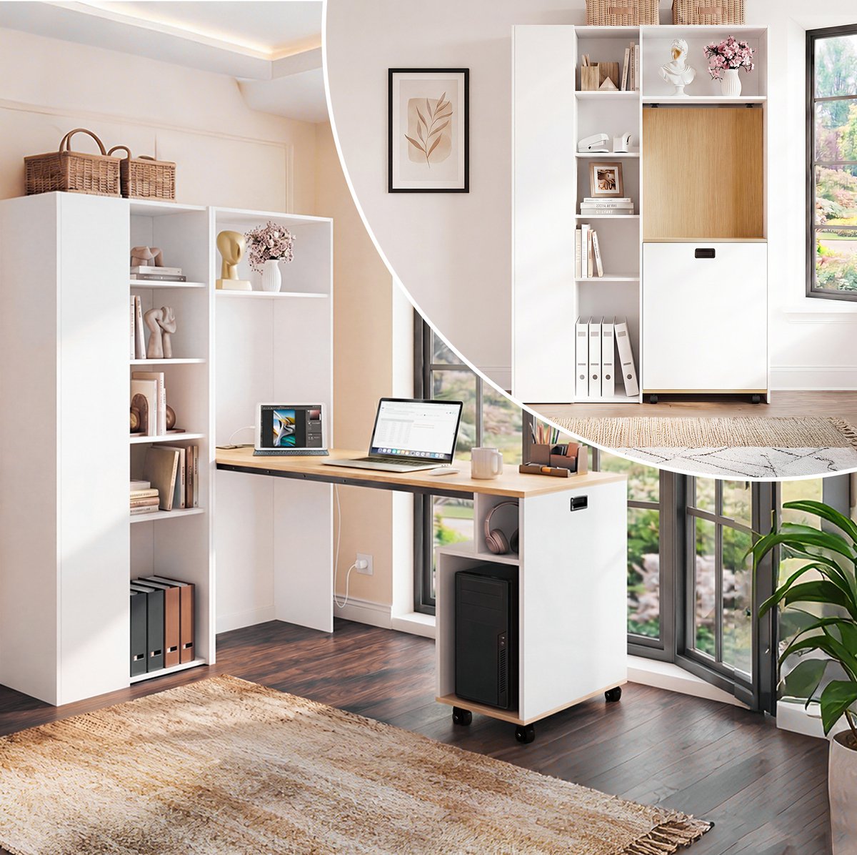 Wishdor Klapbaar hoekbureau met boekenrek - 2-in-1 bureau en opbergruimte - USB-aansluiting en stopcontact - Wit MDF met wielen - Links - 139 x 50 x 160 cm