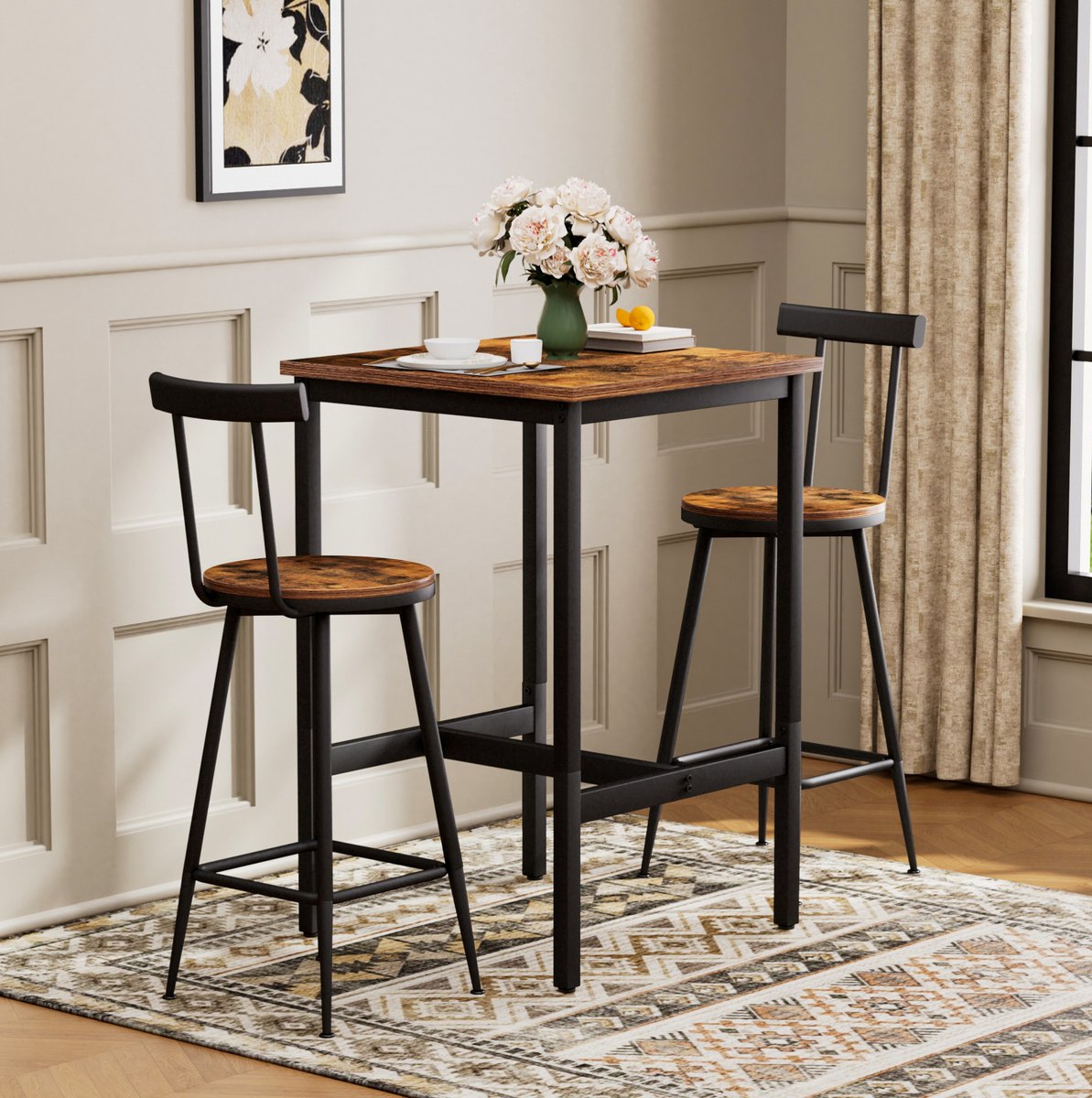 Wishdor Bartafelset met 2 barkrukken - Industrieel design - Houtlook en metaal - Rustiek bruin zwart - Voor keuken woonkamer eetkamer - 60 x 60 x 92 cm