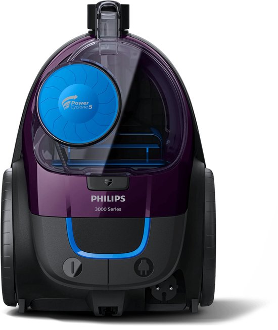 Vue avant de l'aspirateur Philips PowerPro Compact violet avec indication bleue Power Cyclone 5.