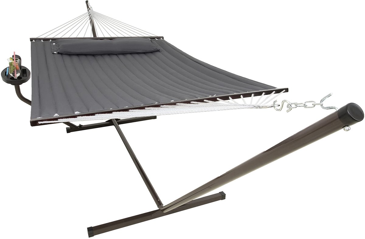 Famanu – Tweepersoons hangmat met standaard en tafel, belastbaar tot 200 kg, ideaal voor tuin en camping