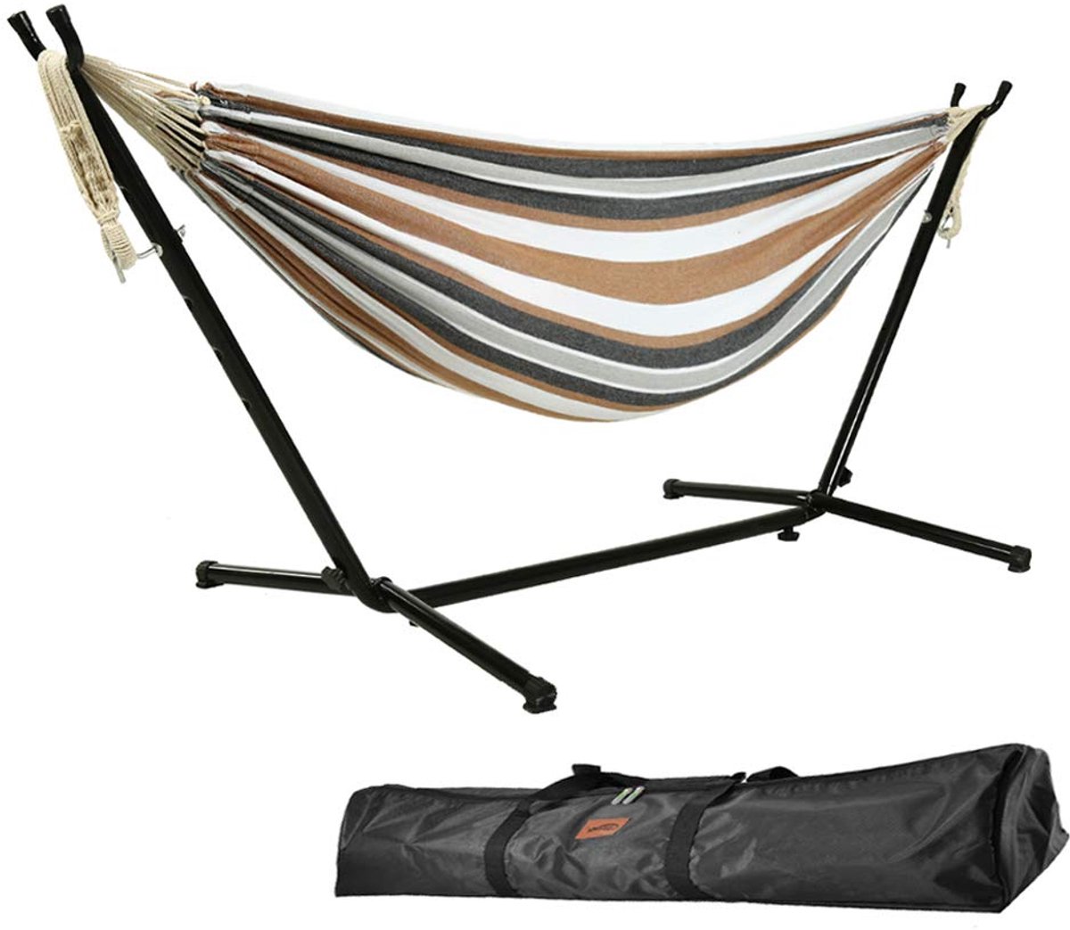 Famanu – Hangmat met standaard, 9 voet dubbel, 250 kg capaciteit, inclusief draagtas, voor binnen en buiten, terras, tuin, balkon (bruin en wit
