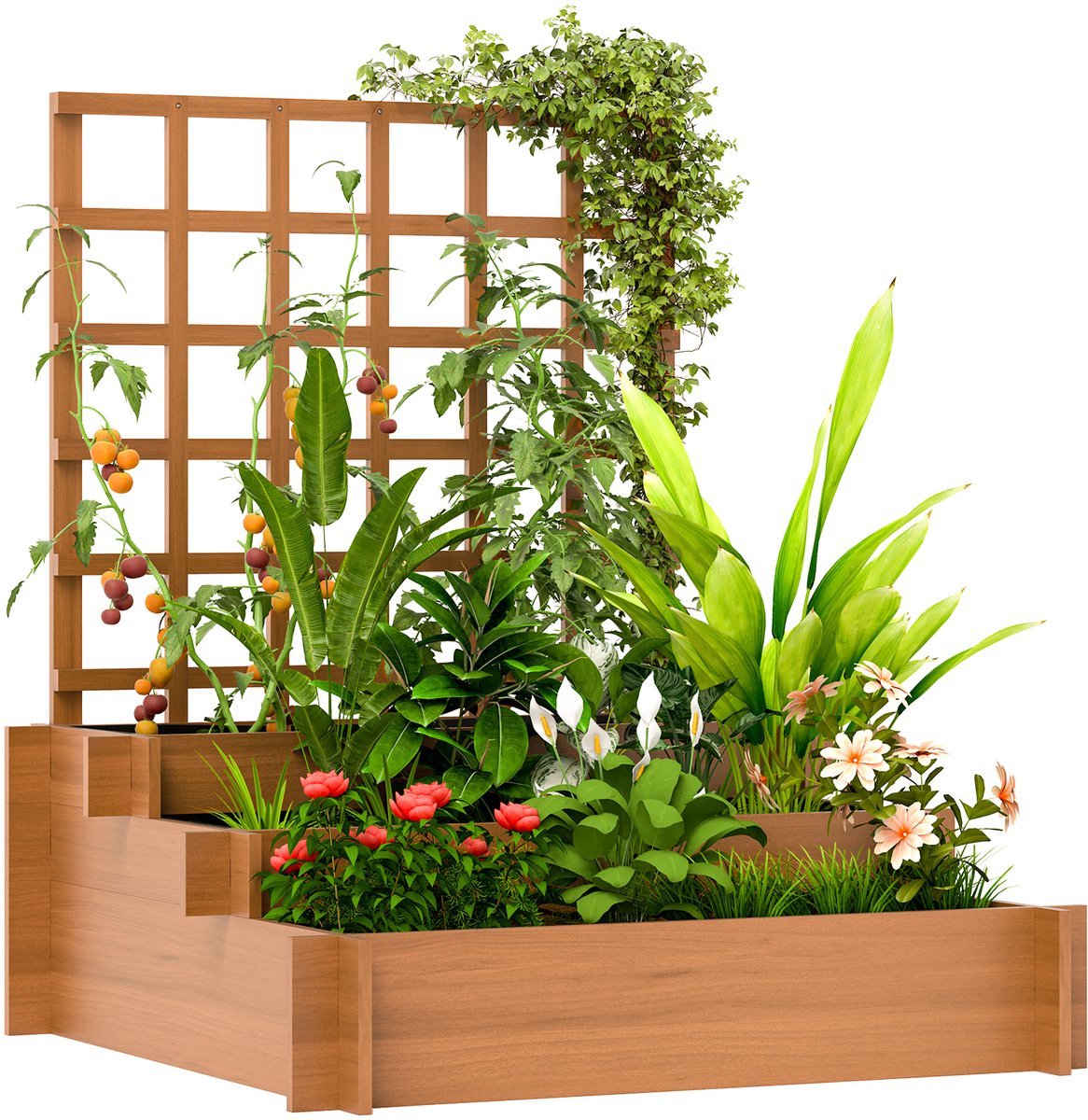 Sogiol® Houten plantenbak - met Trellis 3 Niveaus - met klimrek voor wijnranken - houten verhoogde plantenbakken - 95x95x110cm - bruin