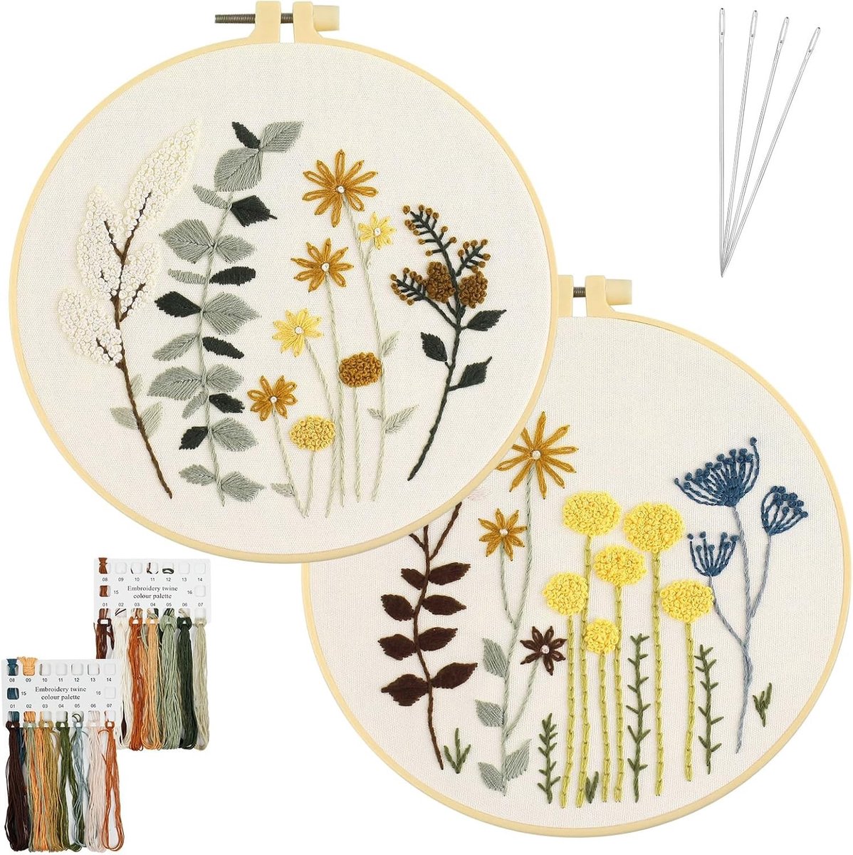 Beginner Stickset met Bloemenpatroon voor Borduren, Inclusief Bamboe Frames, Kleurdraden en Gereedschap voor DIY Kunst en Handwerk