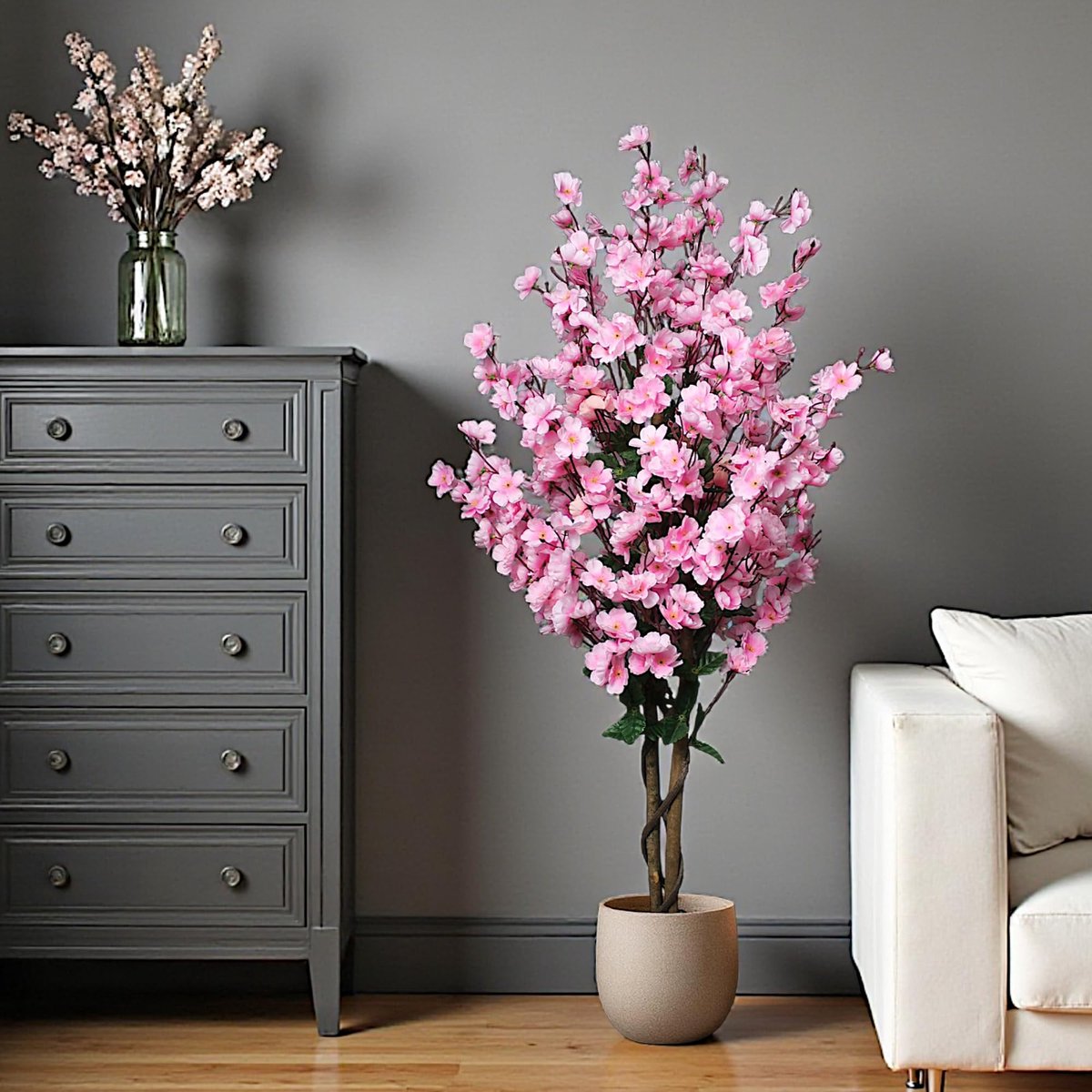 Famanu – Kunstplant bloeiende boom, 120 cm hoog, winterzoet kunstplant met bloemen in pot, perfecte lenteplant in roze kleur