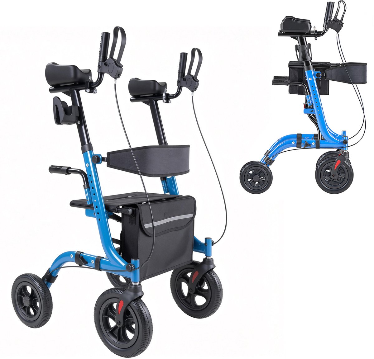 Opvouwbare Rollator met Zitje, Lichtgewicht Looprek met 4 Pu-Wielen, Loophulp Tot 136 Kg met Rugleuning, Tas, Stokhouder en in Hoogte Verstelbare Functies met Vergrendeling voor Senioren, Blauw