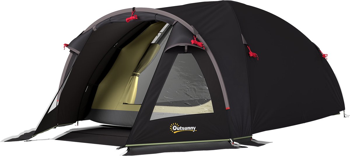 1 stuks‑tunnel­tent voor twee personen‑met zijramen en haken‑190T polyester en PE‑materiaal‑3,3x1,9x1,2 m‑zwart