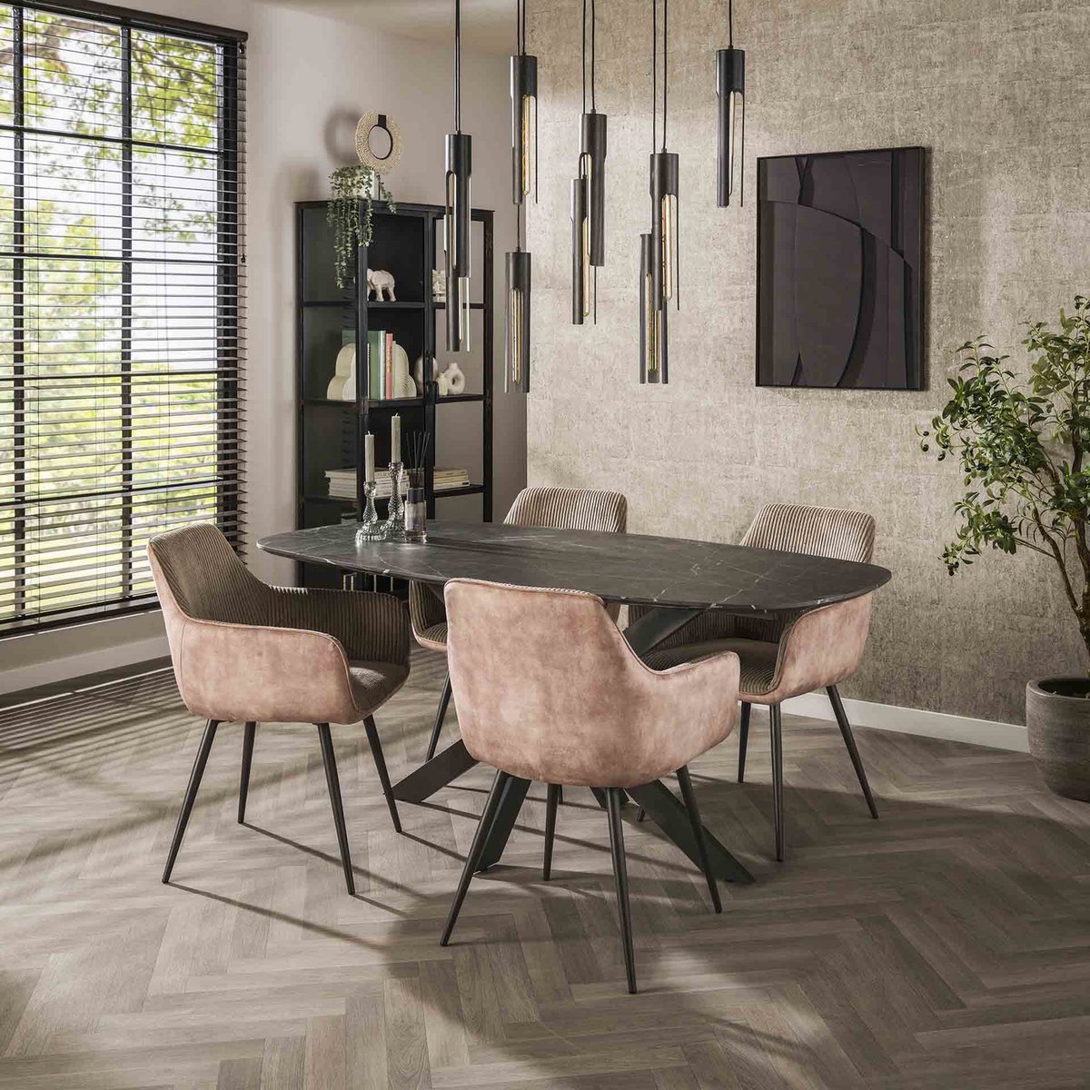 Giga Meubel Eetkamertafel Deens Ovaal - Zwart Marmerlook - 180x90x77cm