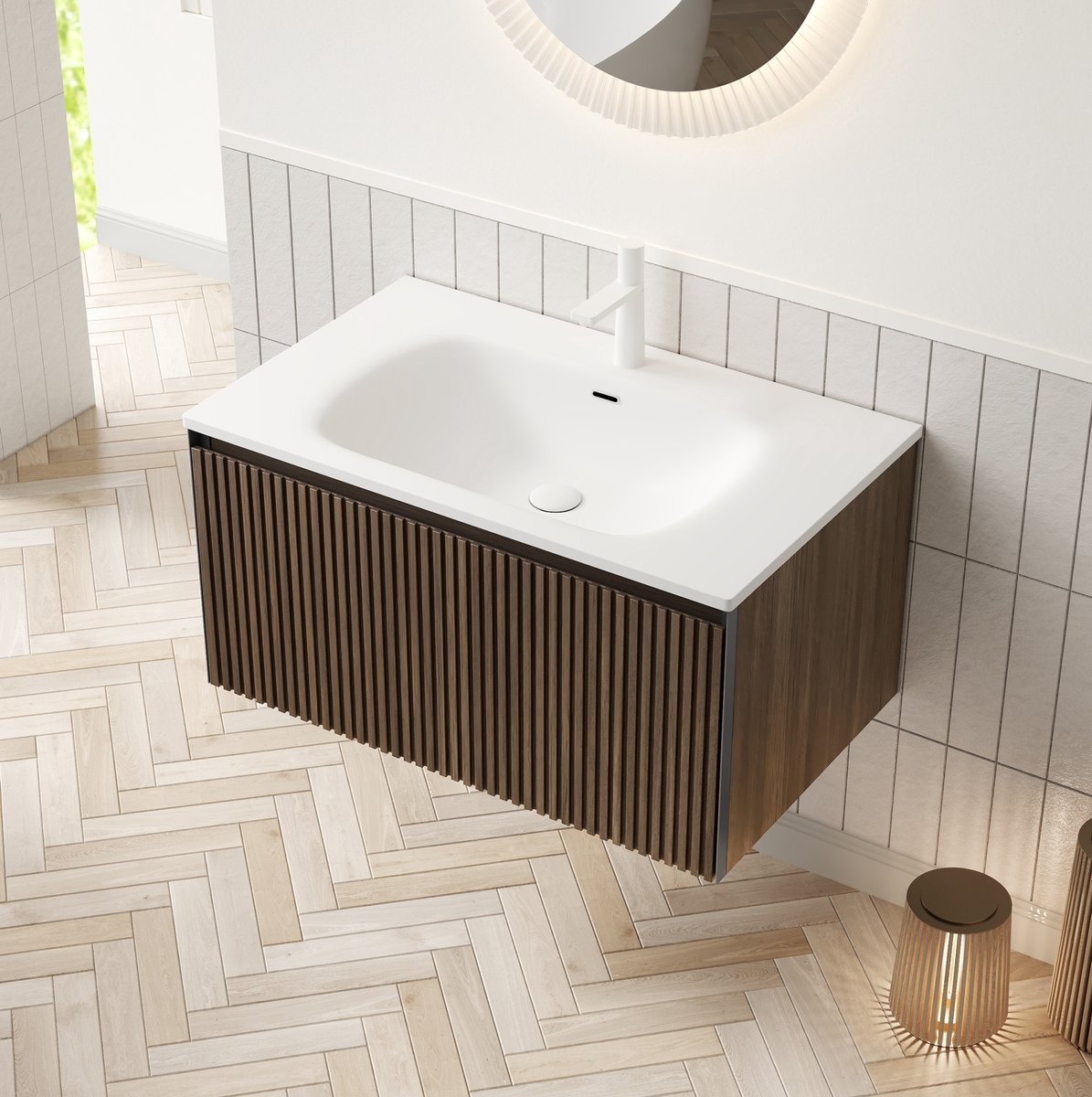 MIVRAY Badkamerkast - Wandgemonteerde Wastafelmeubel Met Lade En Witte Keramische Wastafel - Eikenlook - Voor Moderne Badkamer - 80 Cm