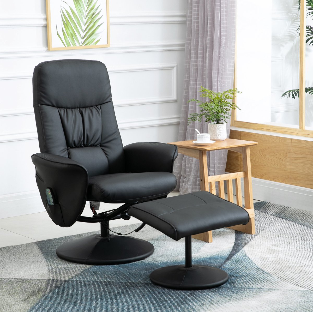 MODENUIT Fauteuil 76 X 81 X 105 Cm - Massagestoel Met Hocker - Draaibaar - Woonkamer - Kunstleer - Zwart
