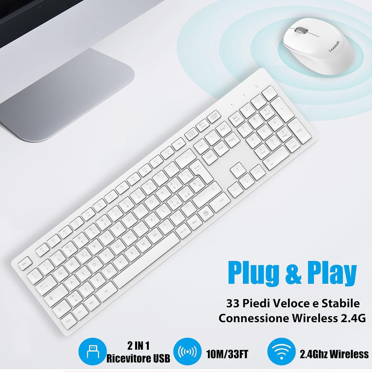 LeadsaiL QWERTY Italiaans stil draadloos toetsenbord en muis, draagbaar 2,4G draadloos USB-toetsenbord, stil - ShopVlot