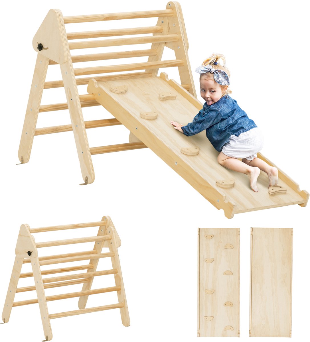 AIYAPLAY - Kinderklimrek - Meerlaags grenen paneel - 147x64,5x6,5cm - Natuurlijk hout