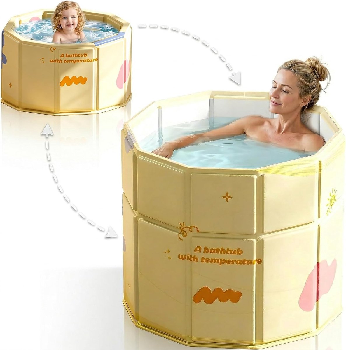 Opvouwbaar Bad voor Volwassenen - Geel - 80 x 70 cm - Draagbaar Zitbad met Lage Instap - Voor Senioren en Kinderen