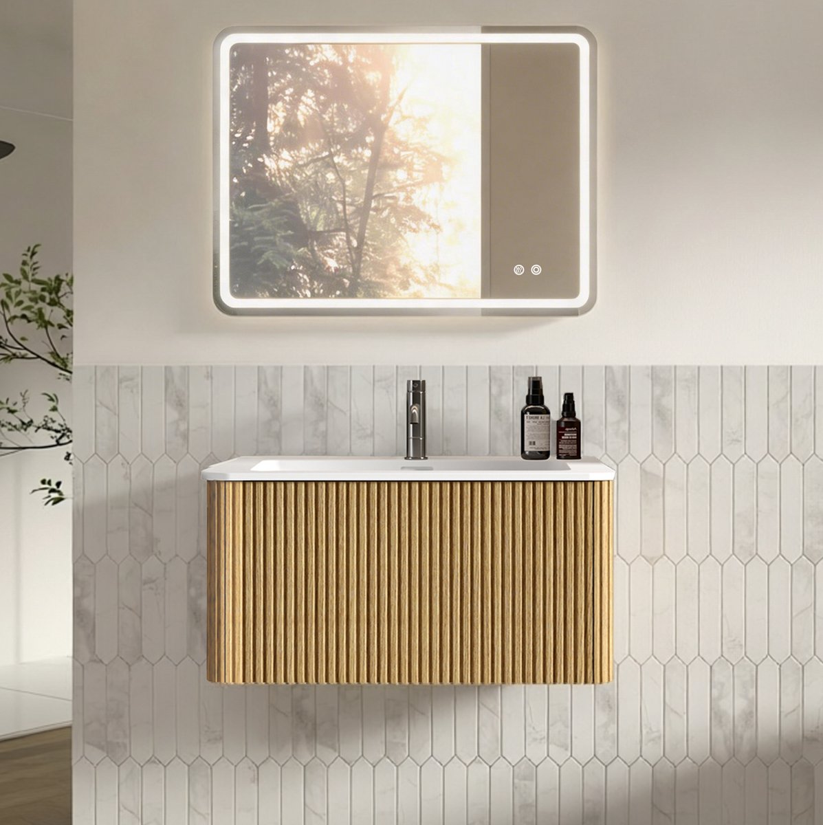 MIVRAY Badkamermeubel Set Met LED Spiegel Wandhangend Met Kunststeen Wastafel En Onderkast Oak 80 Cm 60 X 80 Cm