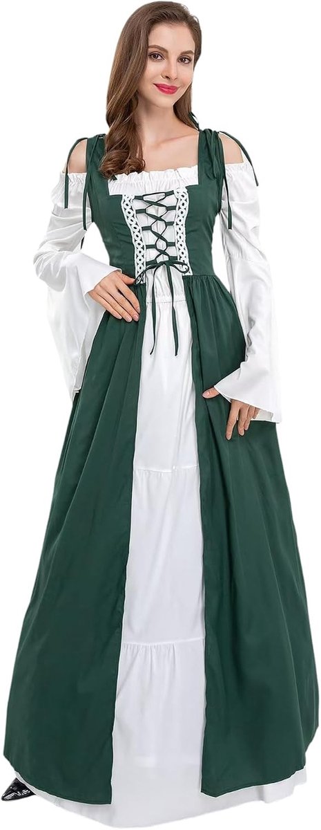 Middeleeuwse Jurk - Groen - S - Gotische Maxi-jurk met Trompetmouwen - Voor Dames