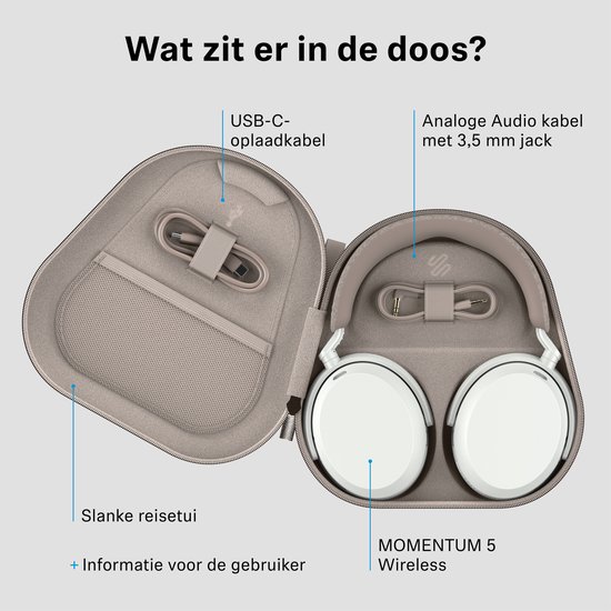 Zwarte en witte Sennheiser MOMENTUM 5 Wireless koptelefoon in een beige reissetui, met USB-C oplaadkabel en analoge audiokabel.