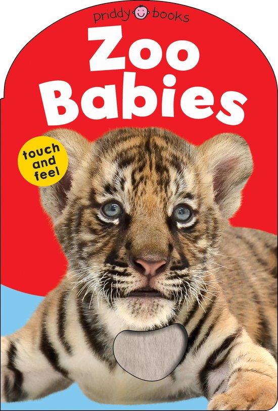 Boek Zoo Babies met een tijgerwelp, rode achtergrond en een gele 'touch and feel' cirkel.