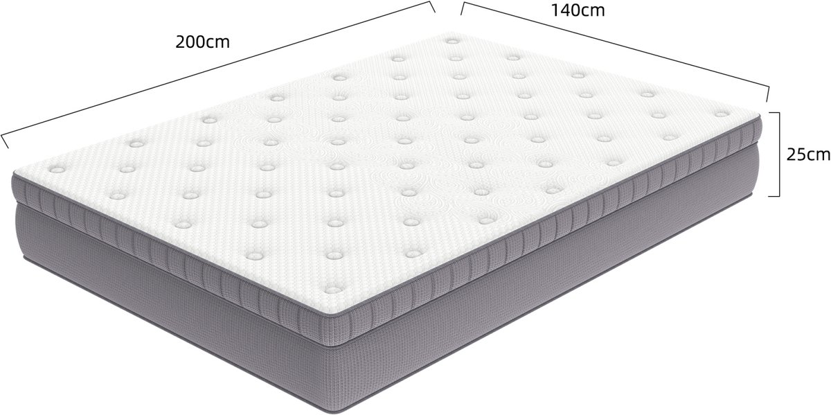 Wishdor Matras 140x200 cm - 7-zone pocketvering - Comfort foam - H3 ondersteuning - Voor volwassenen - OEKO-TEX - Gebroken wit - 25 cm