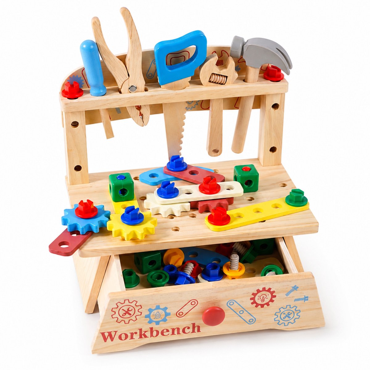 Dastium Kids Speelgoed Gereedschapskist - Kinder gereedschap - Houten Speelgoed - Werkbank Speelgoed - Sensorisch speelgoed - Educatief speelgoed - 51-delig
