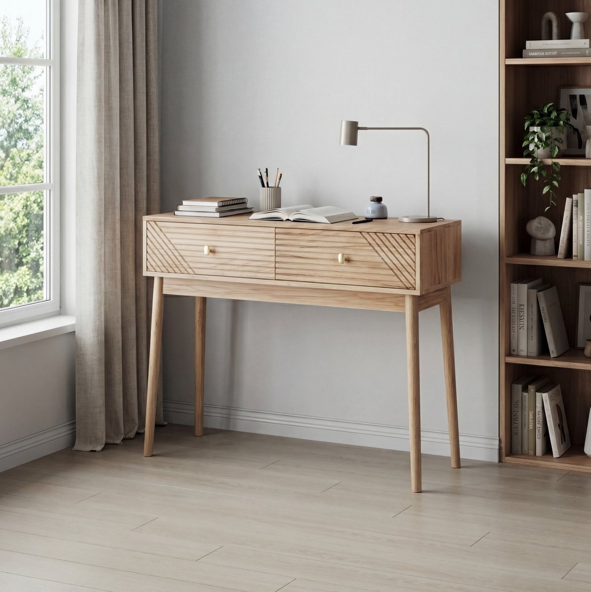 Wishdor Sidetable met 2 lades - Mid-century modern - MDF met houten poten - Eikenkleur - 100 x 35 x 80 cm Oak