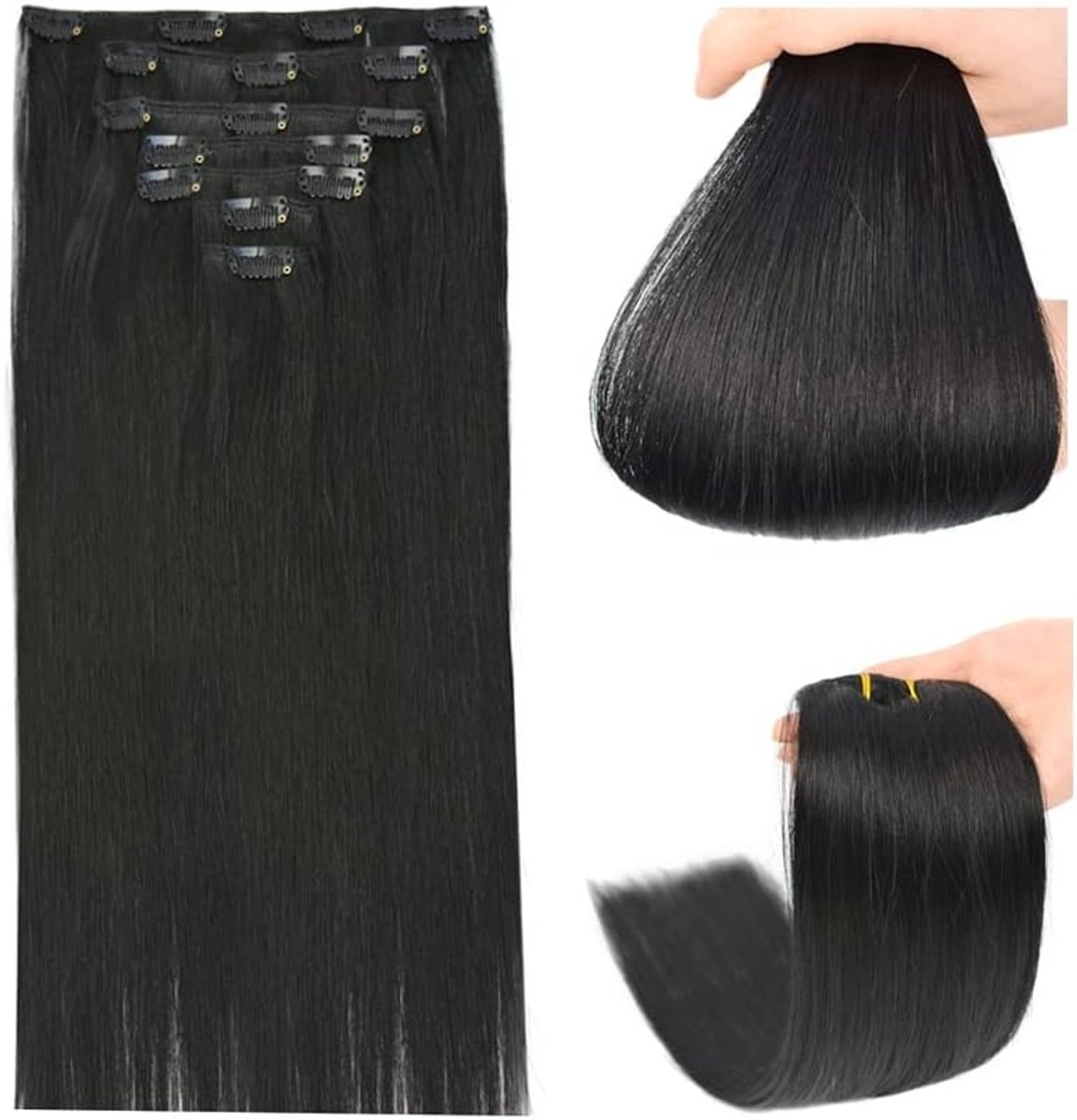 Real Hair Extensions Clip-In, 80 g, 7 Stukken, 45 cm, #1 Zwart, Natuurlijke Haardikte, Gemakkelijk te Gebruiken, Verlenging en Volumevergroting