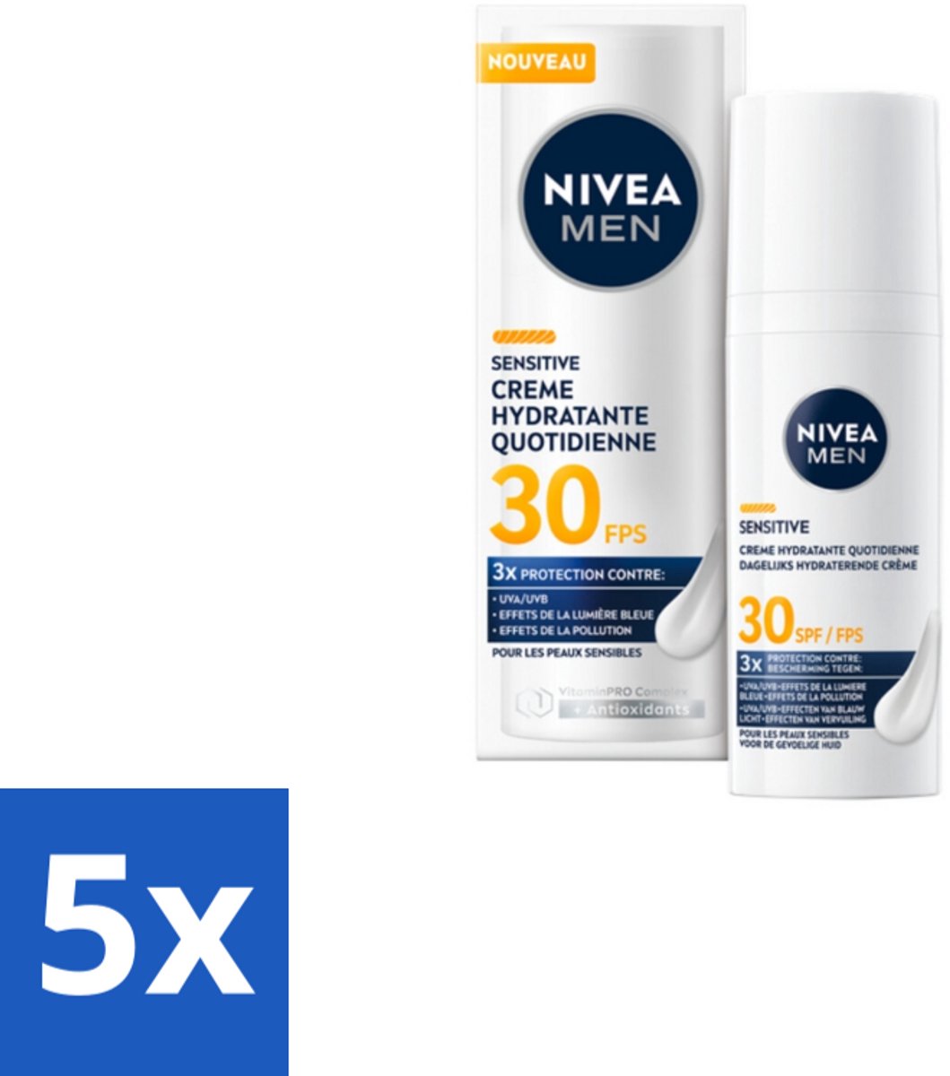 5 x NIVEA MEN – Gezichtscrème – Sensitive, Gevoelige huid, SPF30 – 50 ml - Koffie - Koffiezetapparaat - Koffiezetapparaat