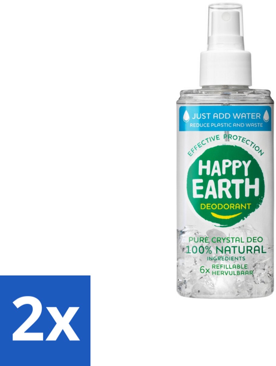 2 x Happy Earth – Deodorant Just-Add-Water Spray – 100% Natuurlijk Unscented – 100 ml - Natuurlijke Deodorant - Geurloze Deodorant - Aluinsteen Deodorant - Duurzame Deodorant - Waterdeodorant