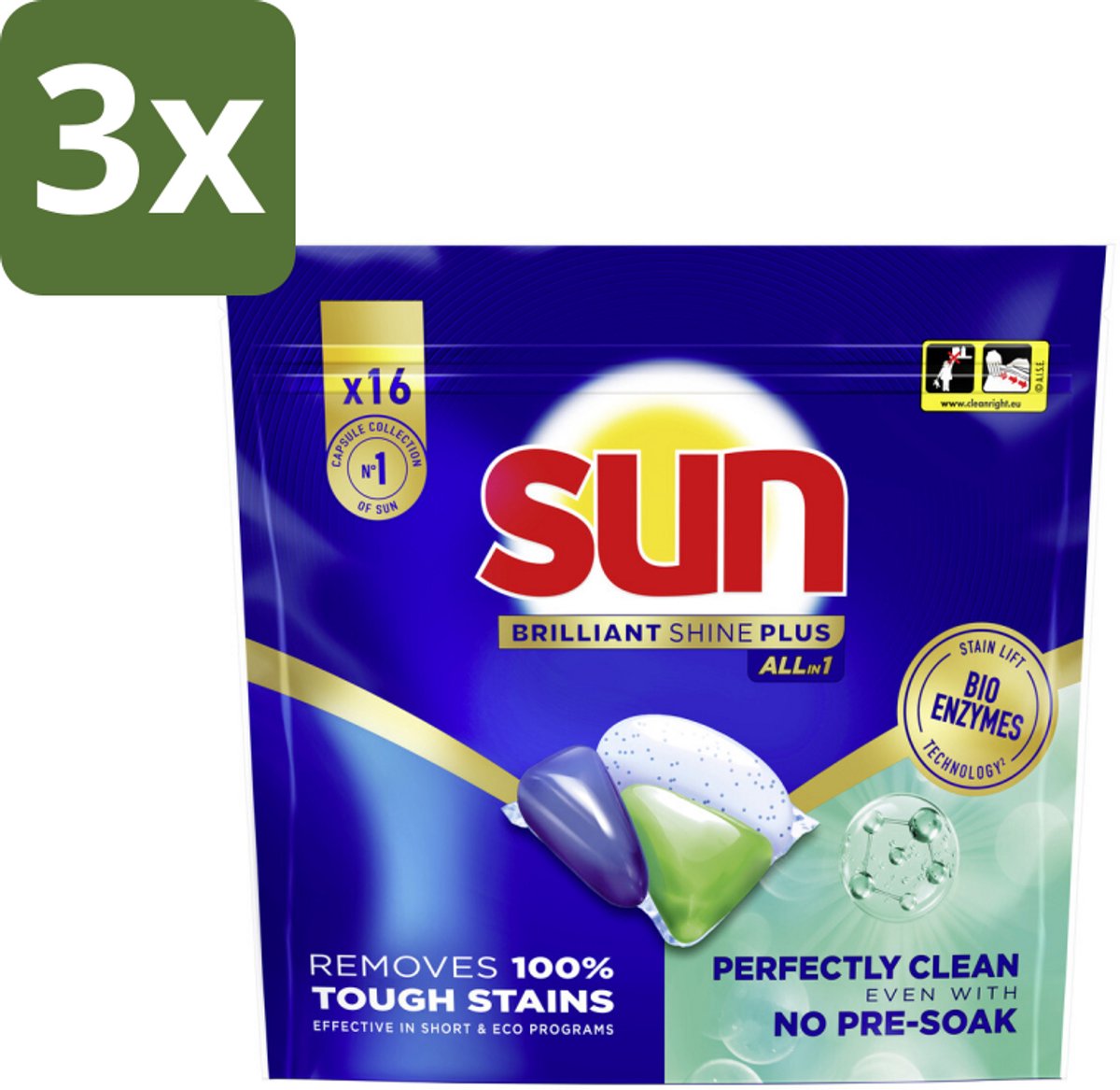 3 x Sun – Vaatwascapsules – Brilliant Shine+ All-in-1 – 16 capsules - Koffie - Koffiezetapparaat - Koffiezetapparaat