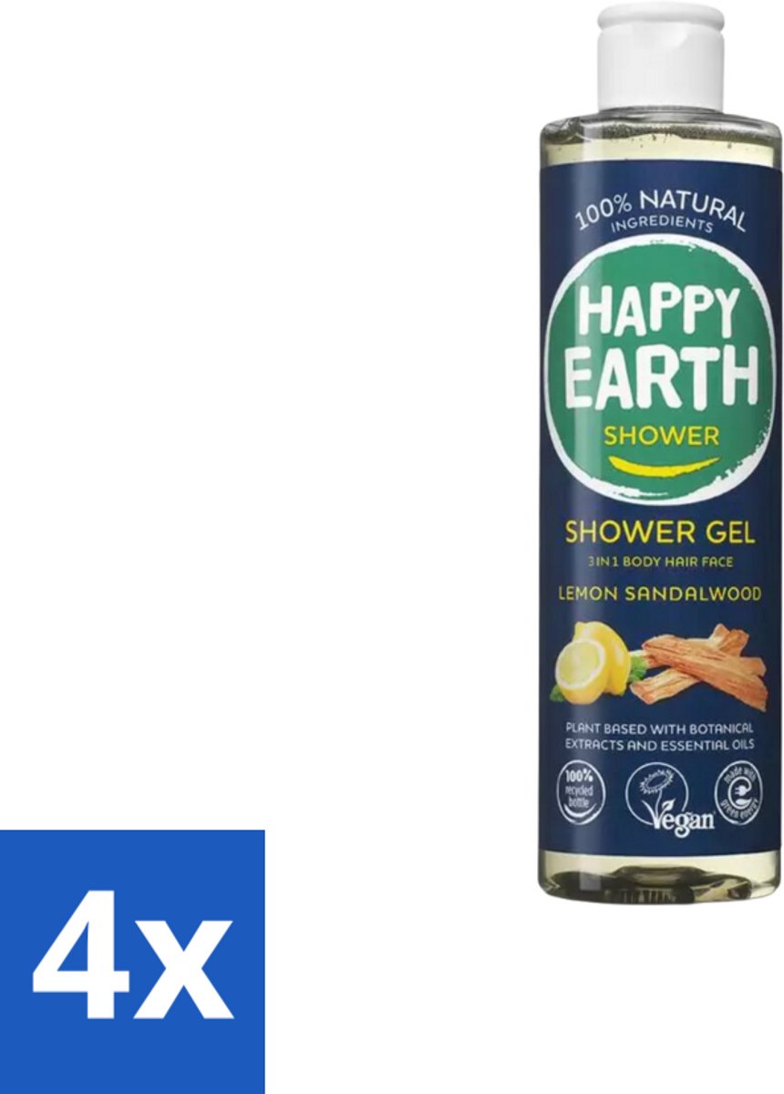 4 x Happy Earth – Douchegel – 100% Natuurlijk Men Protect – 300 ml - Douchegel Mannen - Natuurlijke Douchegel - Vegan Douchegel - Gezichtsreiniging - Haarreiniging