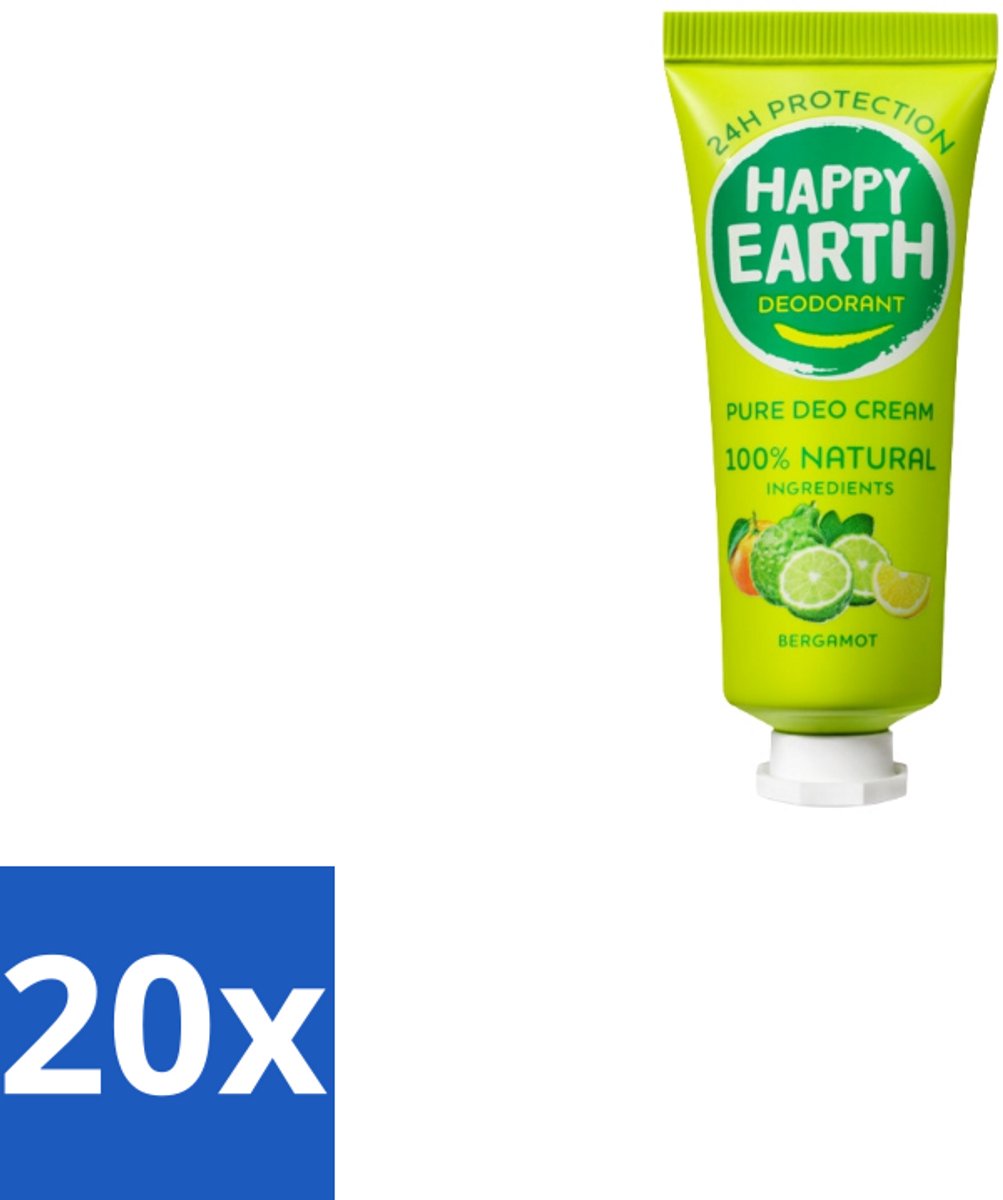 20 x Happy Earth – Deodorant Cream – 100% Natuurlijk Bergamot – 40 ml - 100% Natuurlijk Deodorant - Bergamot Deodorant - Natuurlijke Deodorant Crème - Aluminiumvrij Deodorant - Vegan Deodorant
