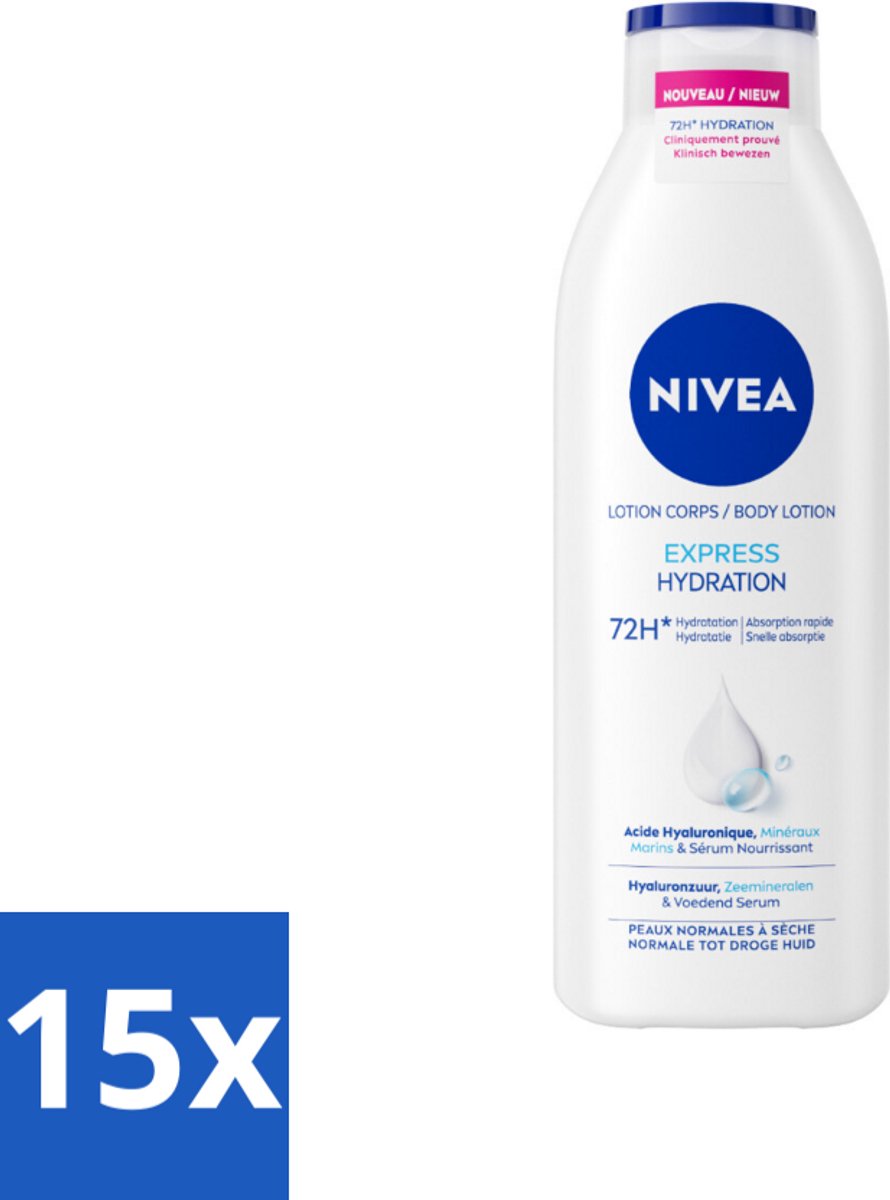 15 x NIVEA – Bodylotion – Express – 250 ml - 72 Uur Hydratatie - Hyaluronzuur - Zeemineralen - Snel Intrekkend - Droge Huid