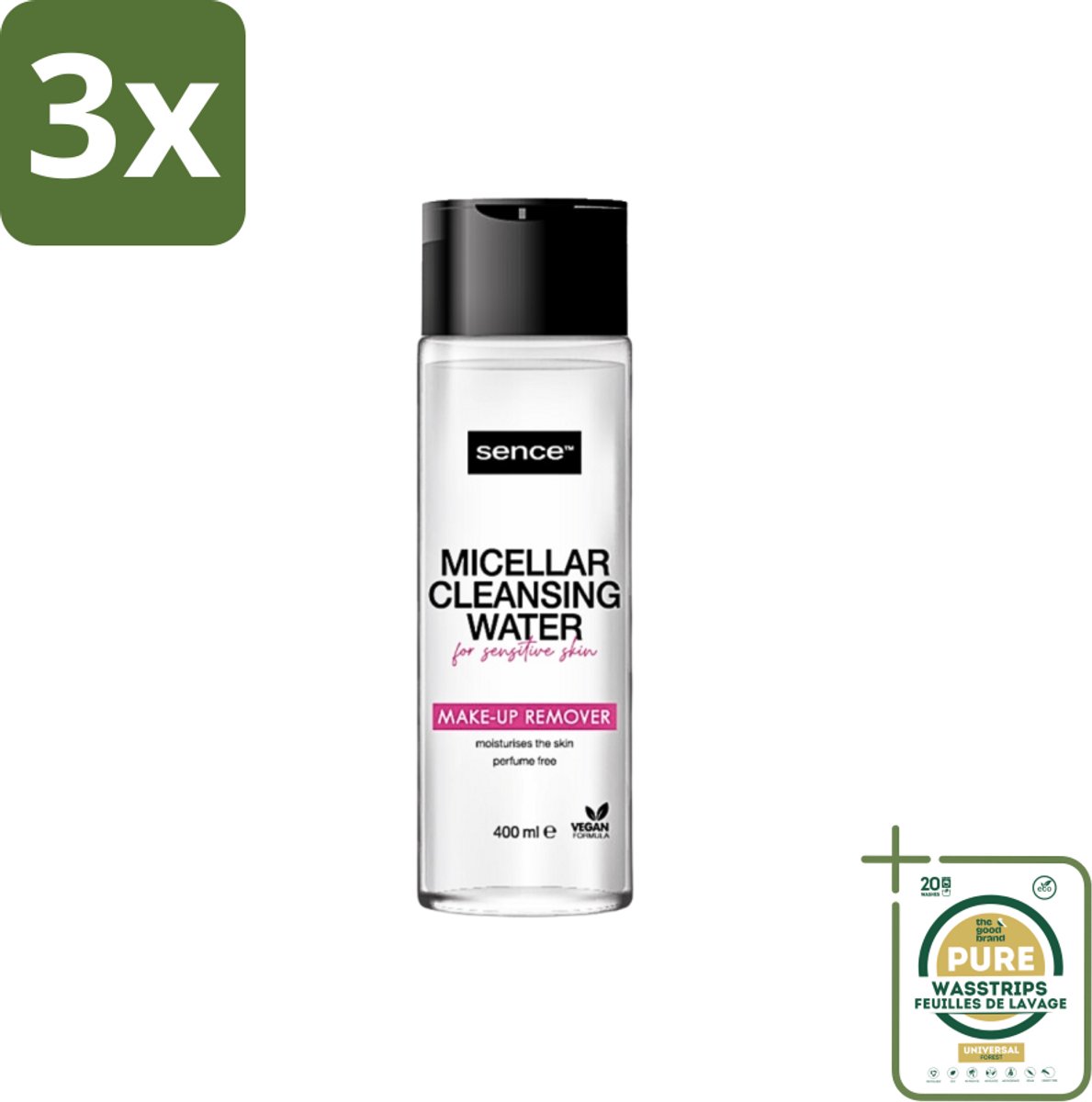 3 x Sence - Gevoelige Huid - Micellair Water - Make-up Remover - 400 ml - Grootverpakking - Gevoelige Huid - Make-up Remover - Micellair Water - Hypoallergenisch - Parfumvrij