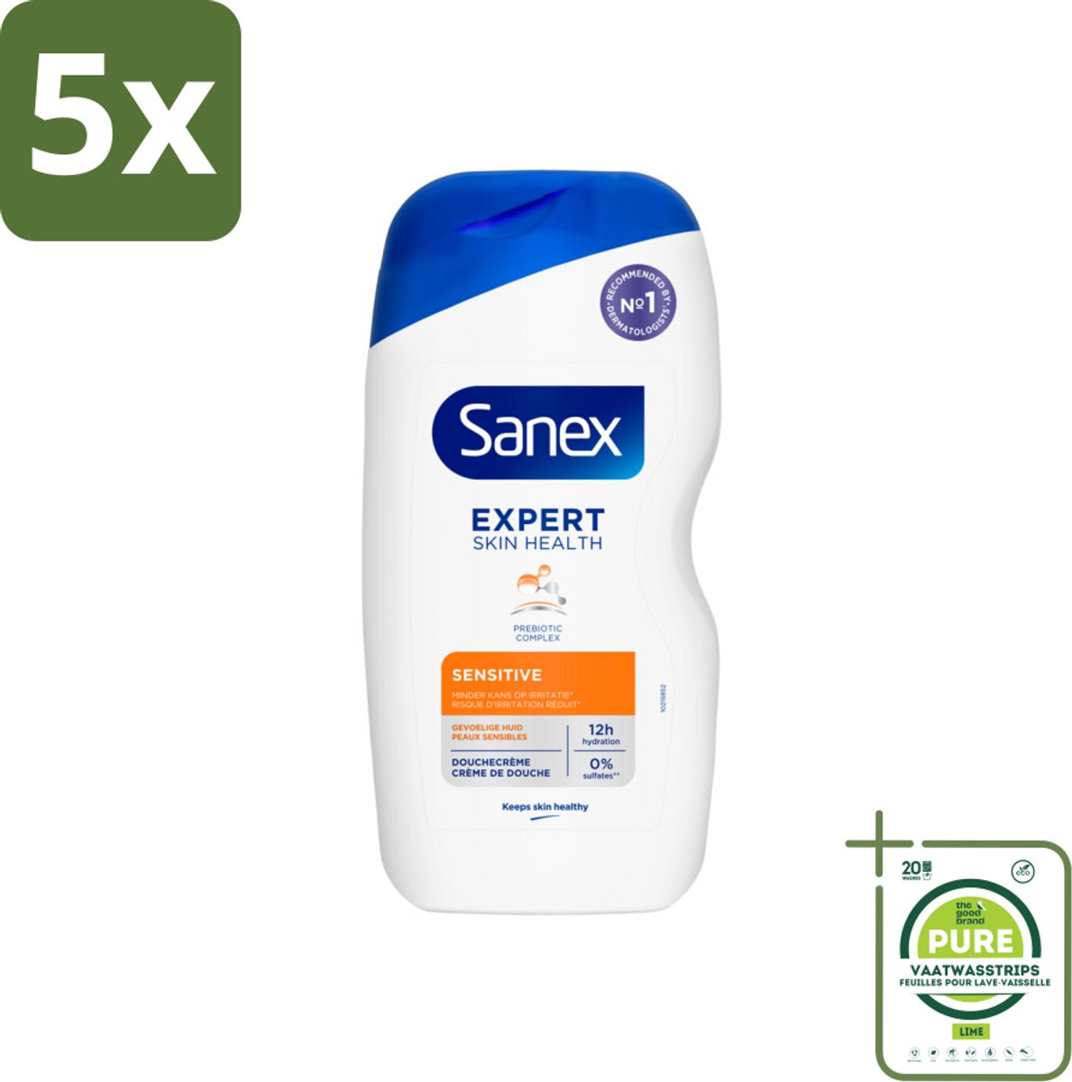 5 x Sanex Douchegel Expert Skin Health Sensitive 400 ml - Grootverpakking - Gevoelige Huid - Douchegel - Huidverzorging - Milde Reiniging - Whey Proteïne