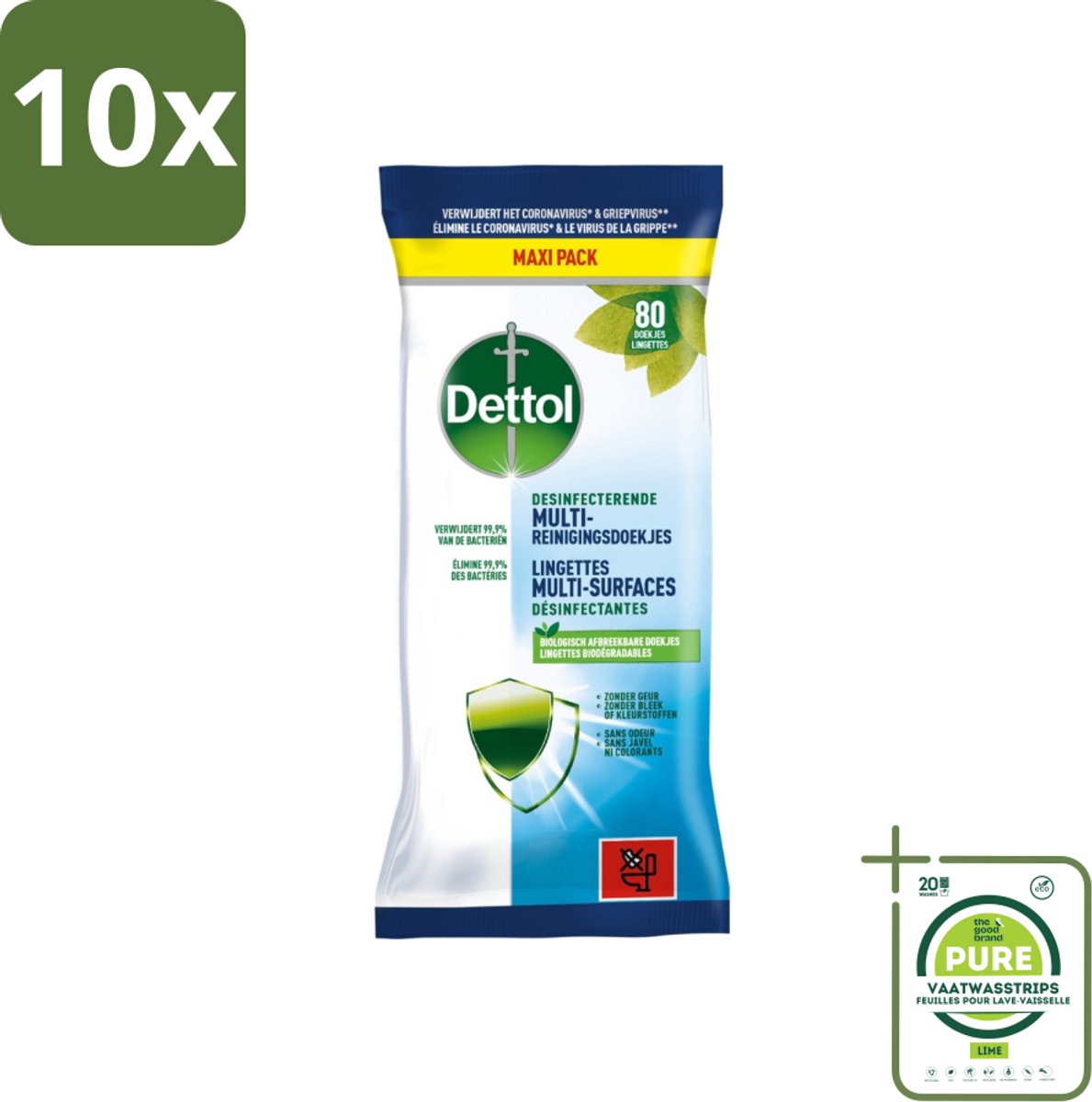 10 x Dettol - Multi-Reinigingsdoekjes - Desinfecterend - Zonder Bleek & Geurstoffen - Biologisch Afbreekbaar - 80 Doekjes - Grootverpakking - Dettol Doekjes - Hygiëne - Reinigingsdoekjes - Keukenvet Verwijderen - Vuil Verwijderen