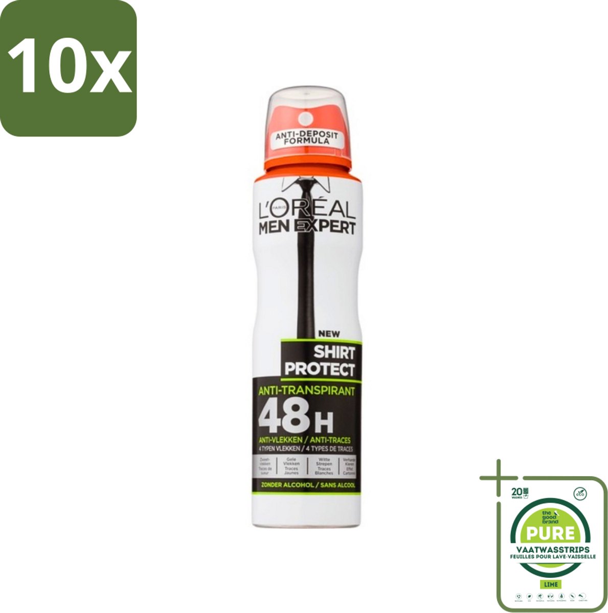 10 x L'Oréal Men Expert Shirt Protect - Deodorant - 150 ml - Deodorant Spray - Grootverpakking - Deodorant Spray - Anti-zweet - Anti-gele Vlek - Anti-witte Strepen - Kledingbescherming