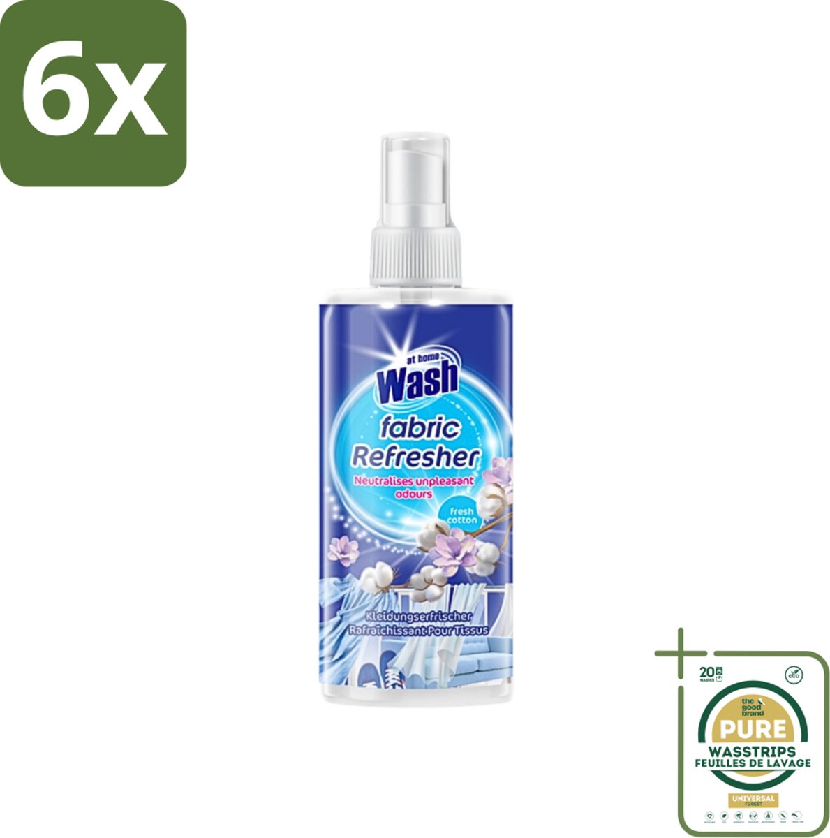 At Home - Wash - Textielverfrisser - Fresh Cotton - Neutraliseert Onaangename Geuren - 300 ml - Voordeelverpakking - 6 stuks - Geur neutraliseren - Kleding verfrissen