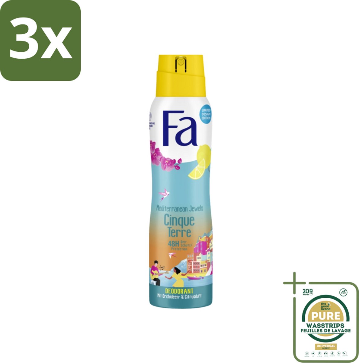 3 x Fa - Deodorant Spray - Mediterranean Jewels - Orchidee & Citrus - 48 uur Bescherming - 150 ml - Grootverpakking - Deodorant Spray - Orchidee En Citrus - 48 Uur Bescherming - Aluminiumzoutvrij - Vegan Deodorant