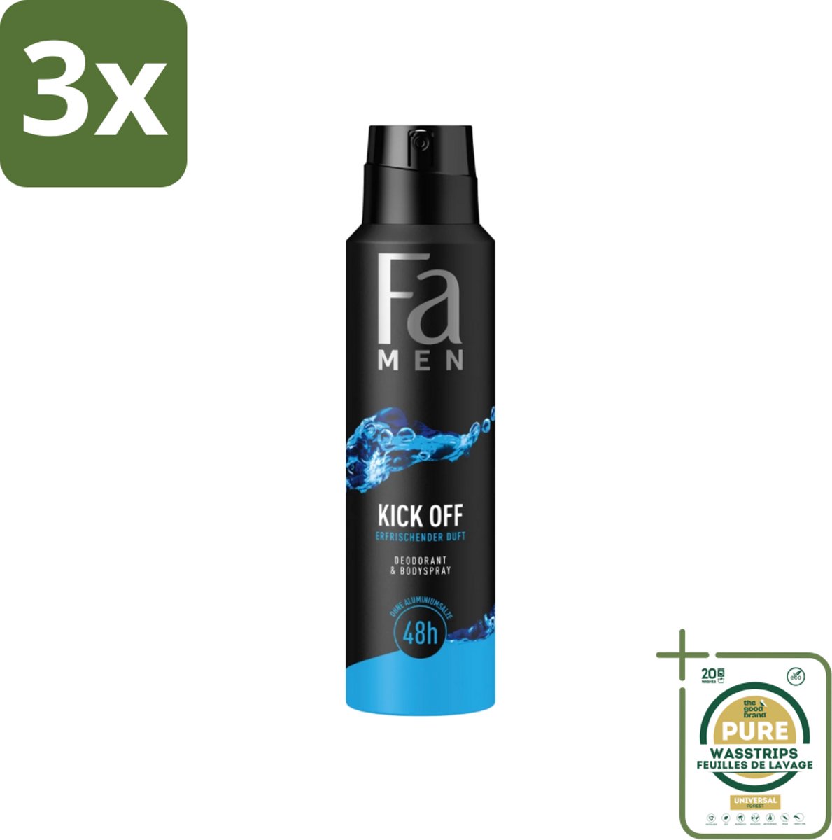 3 x Fa Men - Deodorant Lichaamsspray - Kick-Off - Verfrissend - 48 uur Bescherming - 150 ml - Grootverpakking - Deodorant Spray - 48 Uur Bescherming - Aluminiumzouten - Verfrissend - Huidvriendelijk