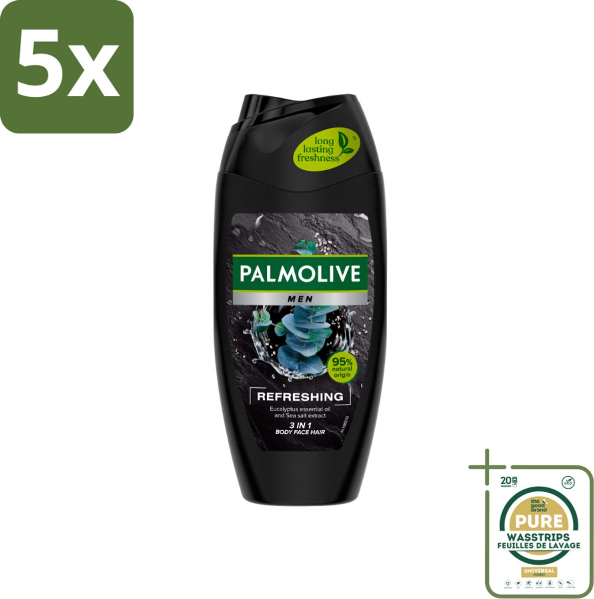 5 x Palmolive Men 3-in-1 Body Face Hair Refreshing Etherische Eucalyptusolie Zeezoutextract 250 ml - Grootverpakking - Douchegel Voor Mannen - Verfrissende Douchegel - Eucalyptusolie - Citrusolie - Hydraterende Douchegel