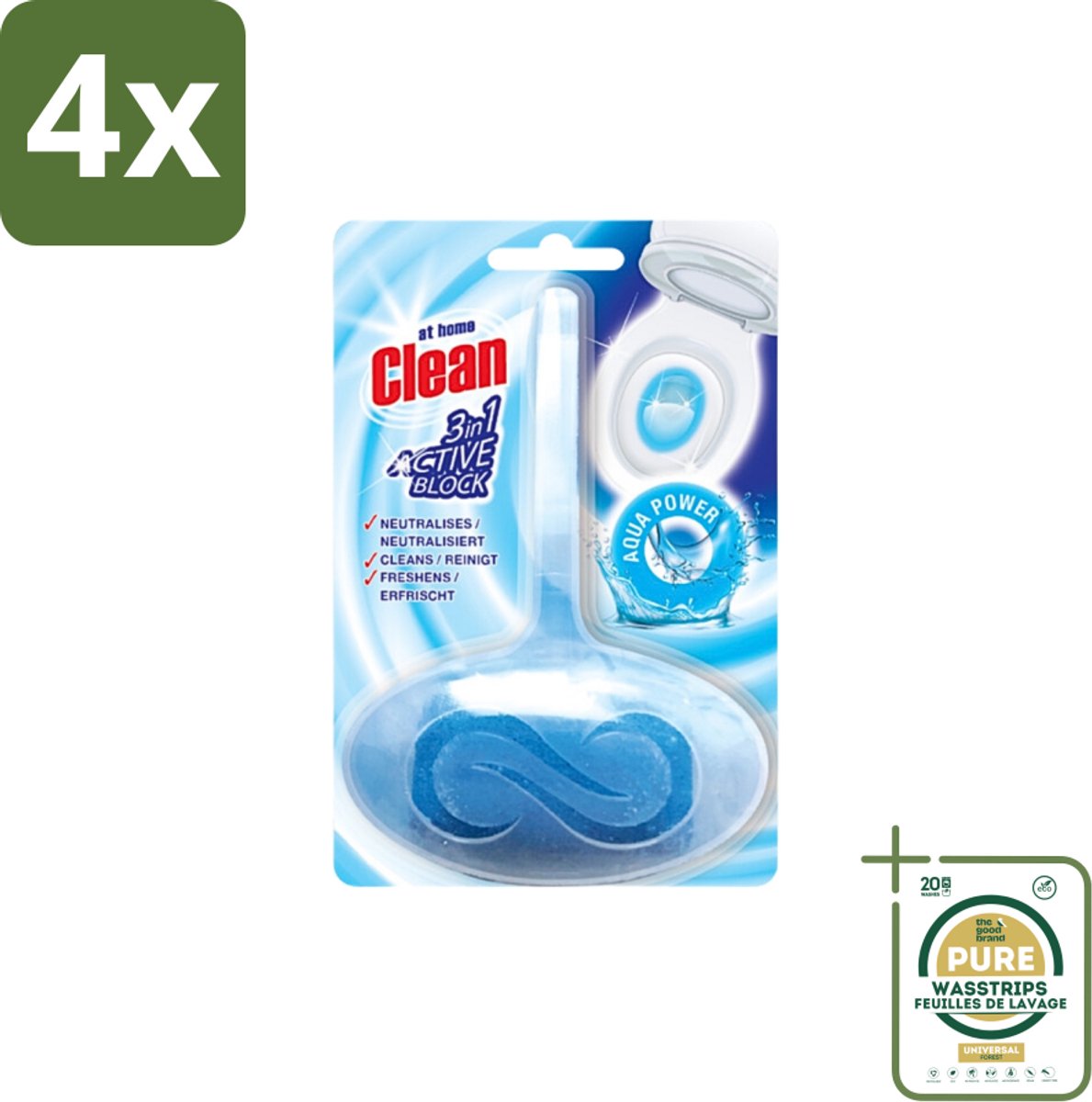 At Home - Clean - Toiletblok - 3in1 Active - Aqua Power - Neutraliseert & Reinigt - 1 Blok - Voordeelverpakking - 4 stuks - Neutraliseren - Frisheid
