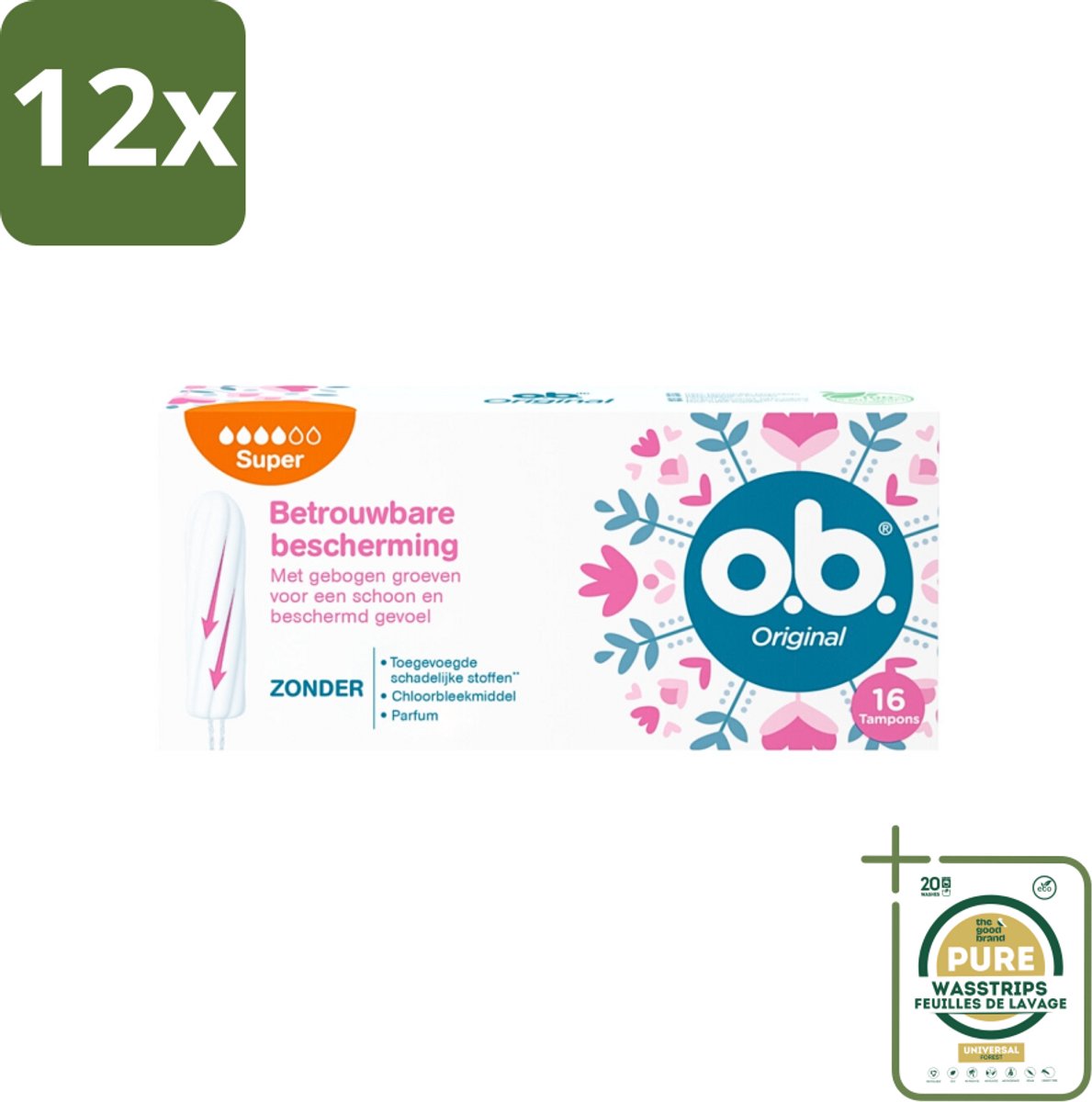 o.b. Tampons - Original Super - Gebogen Groeven - Voor Betrouwbare Bescherming - 16 Tampons - Voordeelverpakking - 12 stuks - Gebogen groeven - StayDry