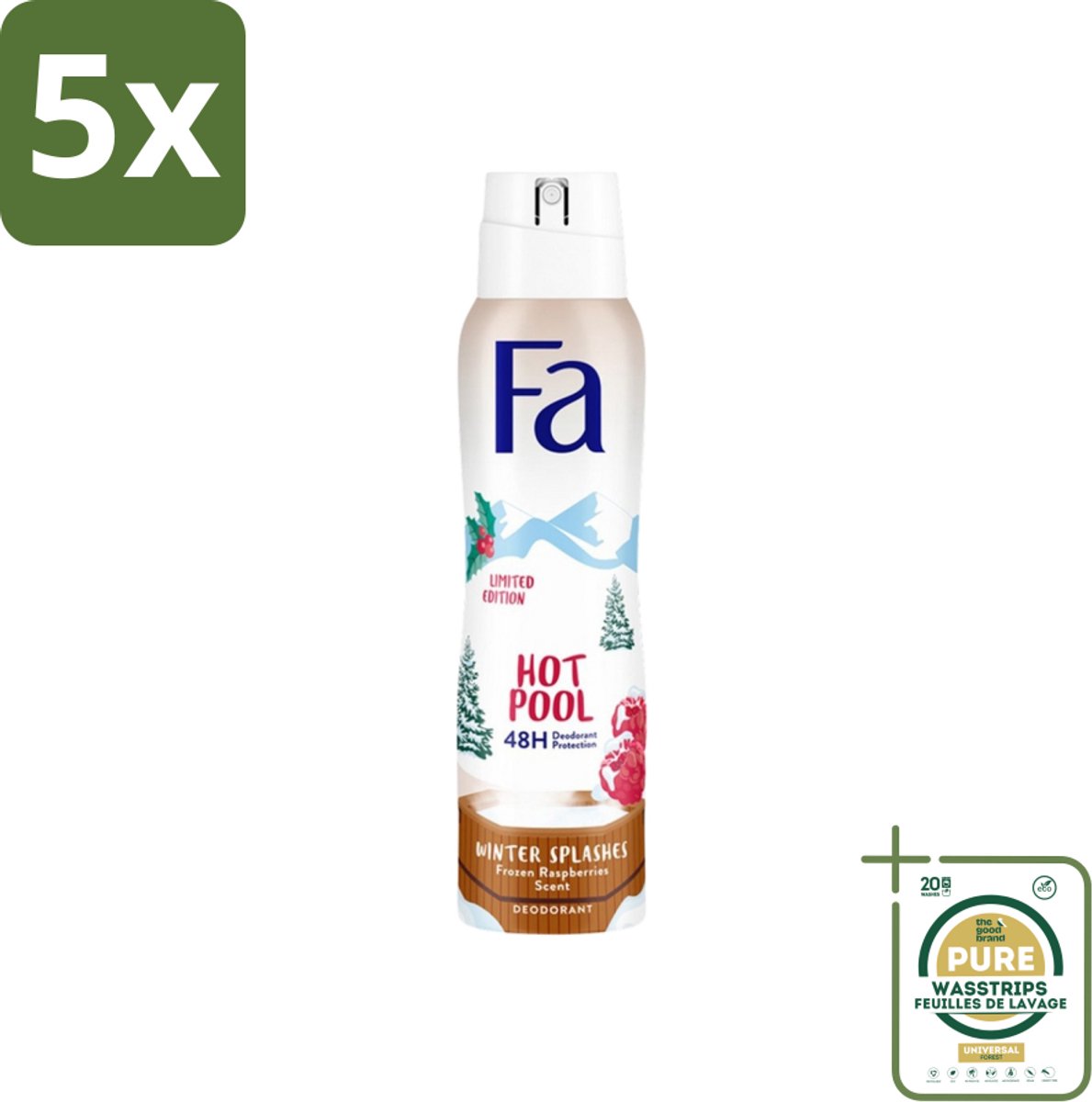 5 x Fa - Deospray - Winter Splashes - 48 uur Bescherming - Frozen Raspberry - Verfrissend & Fruitig - 150 ml - Grootverpakking - 48 Uur Bescherming - Zweetbescherming - Frambozen Geur - Deospray - Huidbescherming
