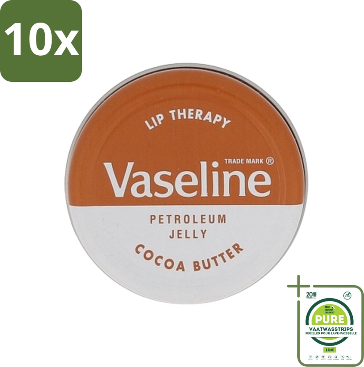 10 x Vaseline - Lip Therapy - Lippenbalsem - Cocoa Butter - 20 g - Grootverpakking - Lippenbalsem - Droge Lippen - Cacaoboter - Hydratatie - Lippen Verzorging