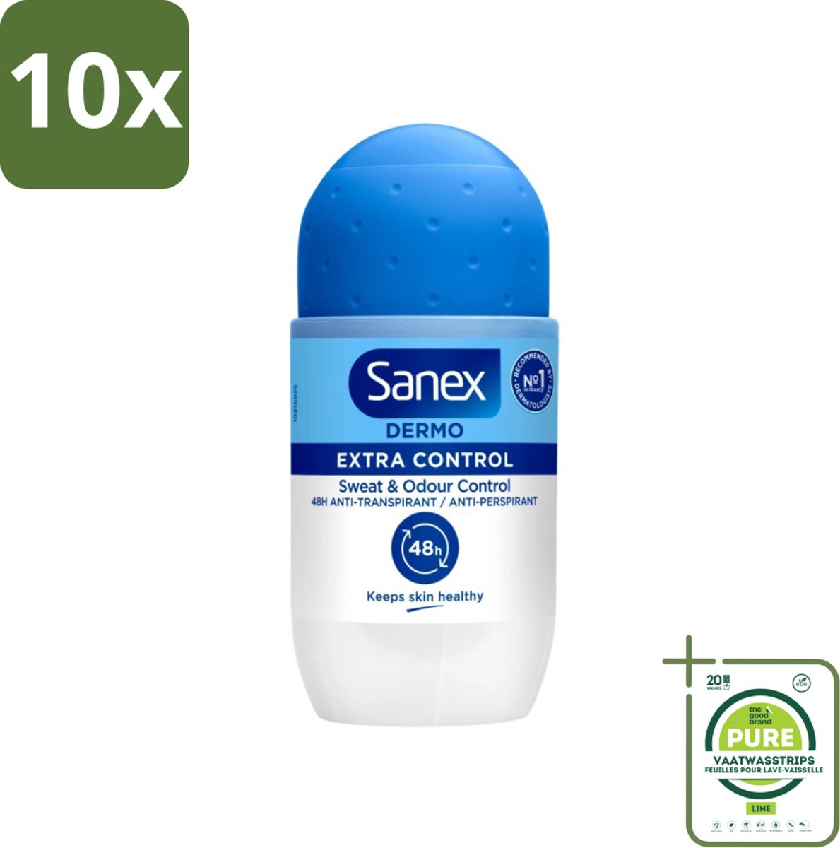 10 x Sanex - Deodorant - Roller - Dermo Extra Control - Extra Bescherming tegen Geur - 50 ml - Grootverpakking - Sanex Dermo Extra Control - Anti-transpirant Roller - Deodorant Roller - 48 Uur Bescherming - Aluminiumchloride