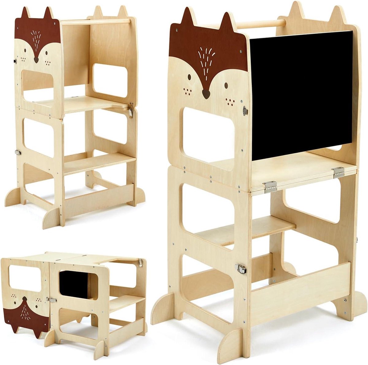 Opstapkruk Kinderen - Leertoren Montessori - Helpen bij koken - Omvormbaar 3-in-1 - 38 x 42 x 87 cm - Houtkleurig