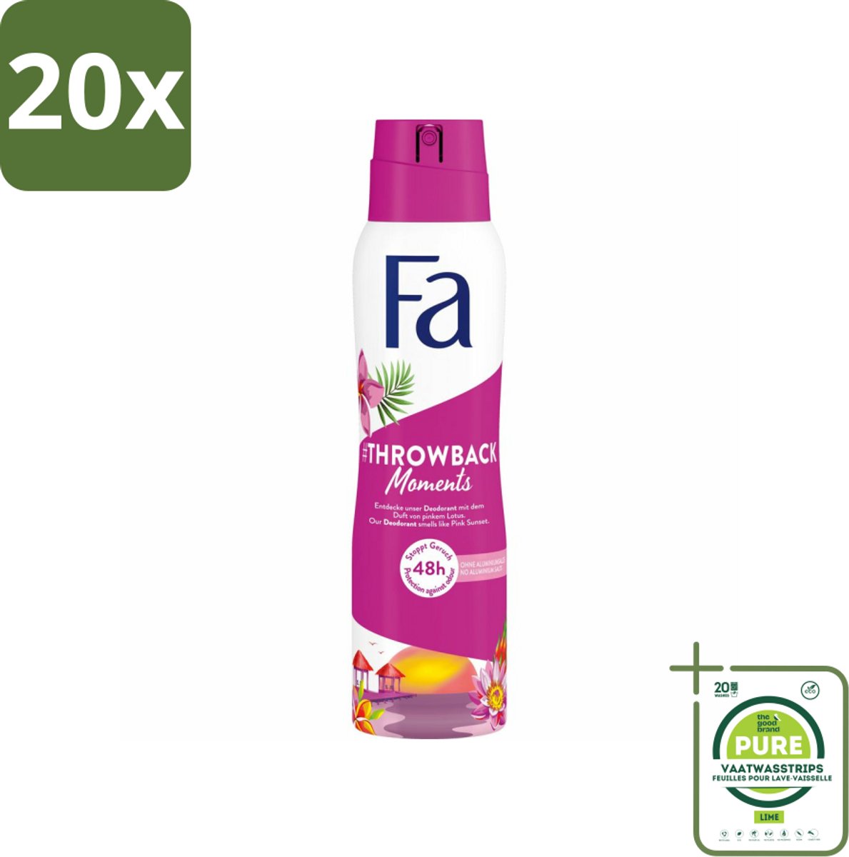 20 x Fa Deodorant Spray Throwback Moments 150 ml - Grootverpakking - Deodorant Spray - 48 Uur Bescherming - Roze Lotus Geur - Frisheid - Hydratatie